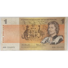 AUSTRALIA 1966 . ONE 1 DOLLAR BANKNOTE . COOMBS/WILSON . FIRST PREFIX AAA